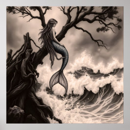 Póster Fantástica sirena mítica sentada en rama de árbol