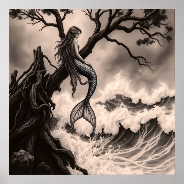 Póster Fantástica sirena mítica sentada en rama de árbol (Frente)