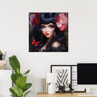 Póster Fantástica y Linda Hada Princesa de Flores Ojos Az
