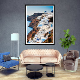 Póster Fantástico paisaje azul de Santorini Mar Blanco