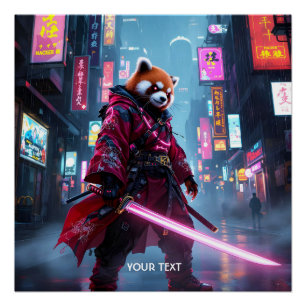 Póster Fantástico Samurái Panda Rojo Lindo