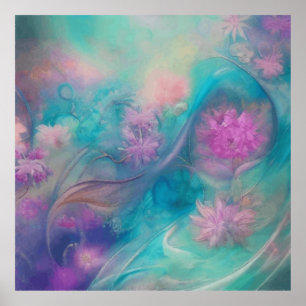 Póster Fantasy Abstract Flowers In Pink And Aqua Wave