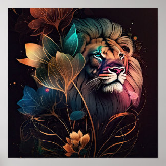 Póster Fantasy, beautiful lion with flowers AI art