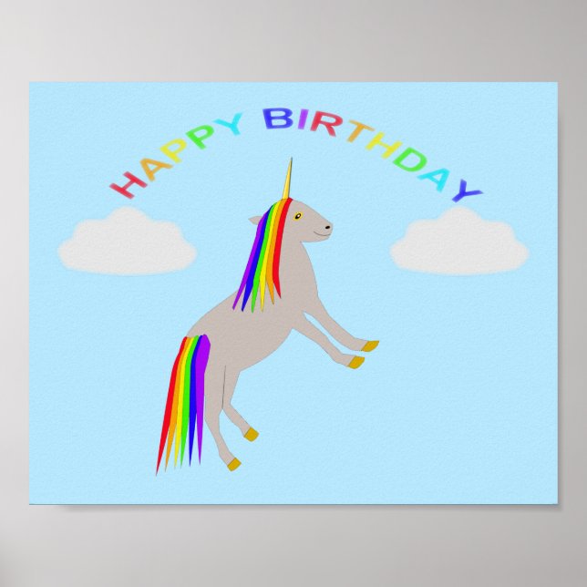 Póster Fantasy Birthday Unicorn Rainbow and Clouds (Frente)