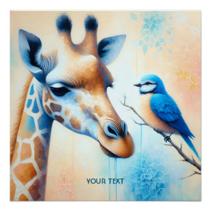 Póster Fantasy Cute Blue Giraffe Bird