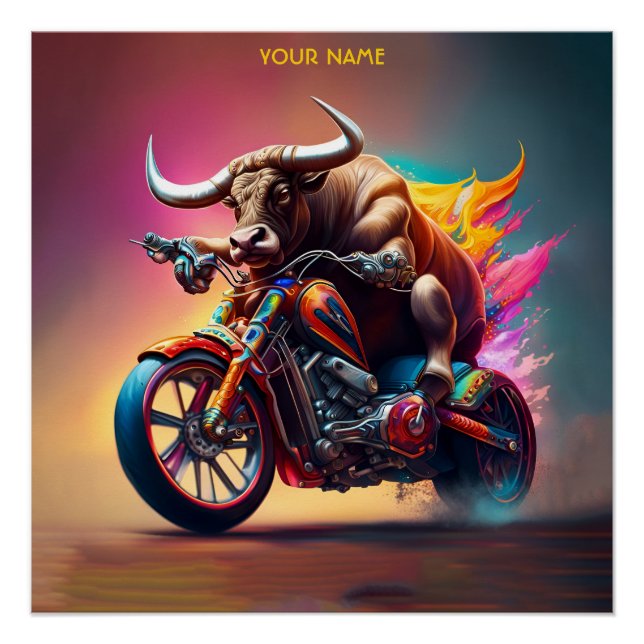 Póster Fantasy Cute Bull Riding Bike (Anverso)