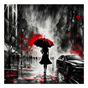 Póster Fantasy Cute Chica Rain Umbrella