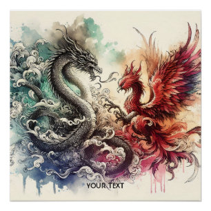 Póster Fantasy Cute Dragon Phoenix Ink