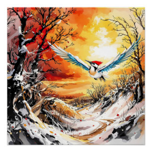 Póster Fantasy Cute Forest Woodpecker Sunset