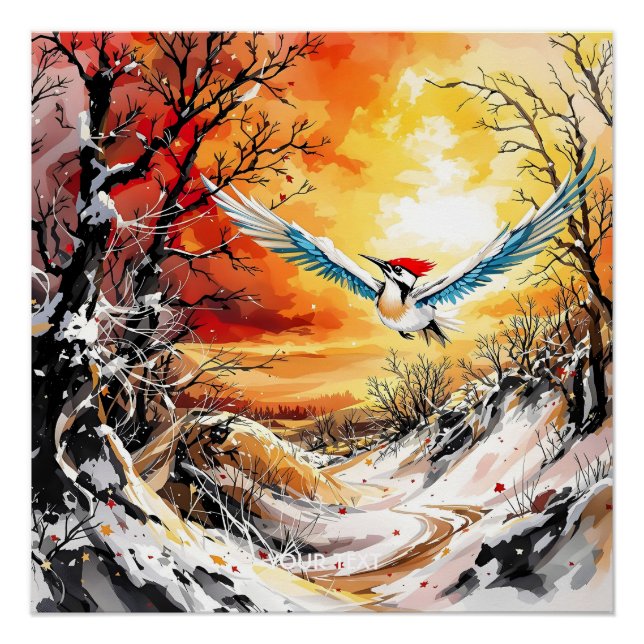 Póster Fantasy Cute Forest Woodpecker Sunset (Anverso)