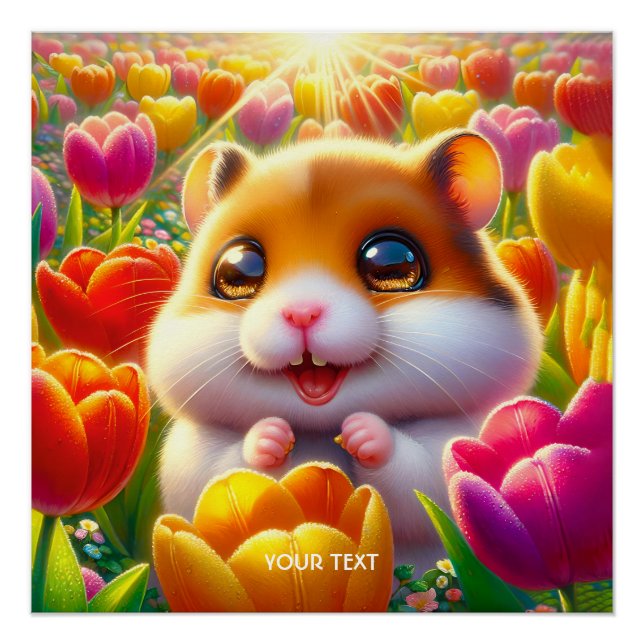 Póster Fantasy Cute Happy Hamster Tulips (Anverso)