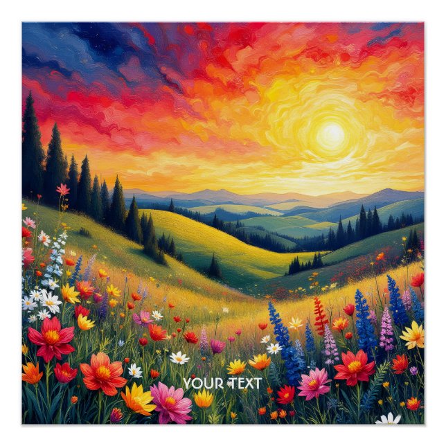 Póster Fantasy Cute Hills Flores Sunset (Anverso)