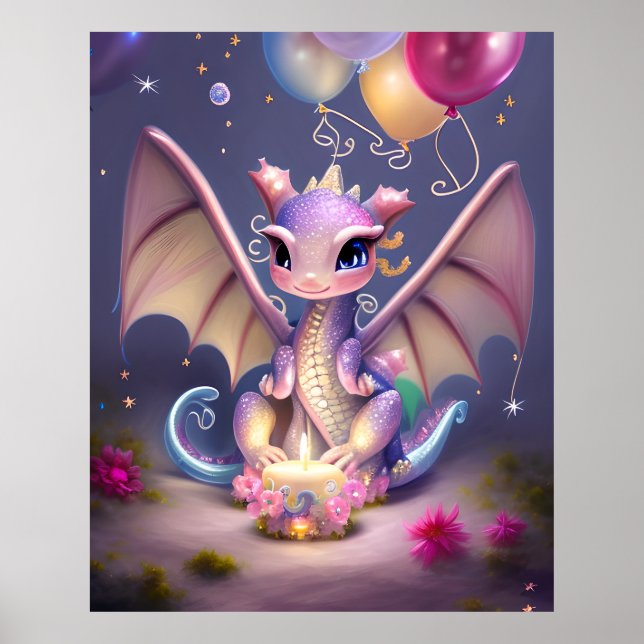Póster Fantasy Cute Kawaii bebé dragón, (Frente)