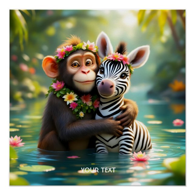 Póster Fantasy Cute Monkey Zebra Hug (Anverso)