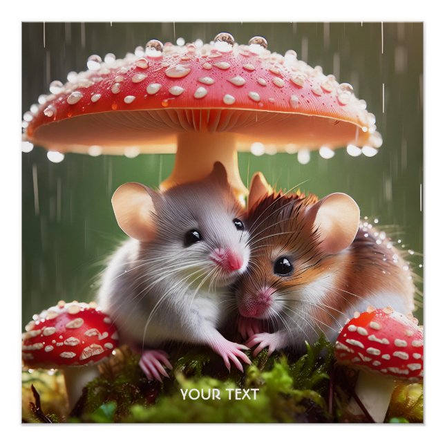 Póster Fantasy Cute Mouse Lluvia a los hongos (Anverso)