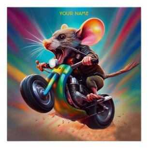 Póster Fantasy Cute Mouse montando en bicicleta