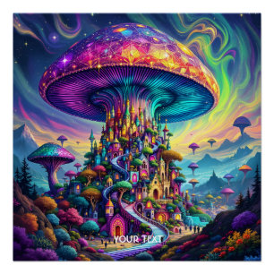 Póster Fantasy Cute Mushroom Cielos arcoiris