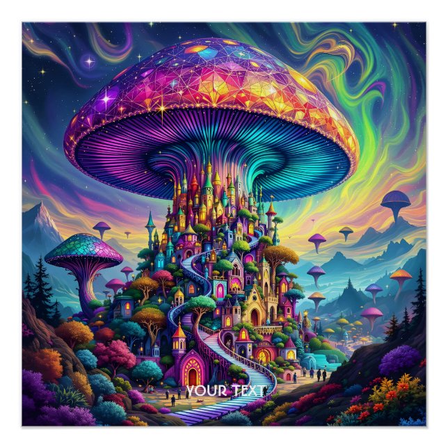 Póster Fantasy Cute Mushroom Cielos arcoiris (Anverso)