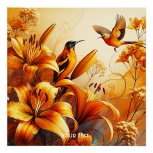 Póster Fantasy Cute Naranja Bird Lilies