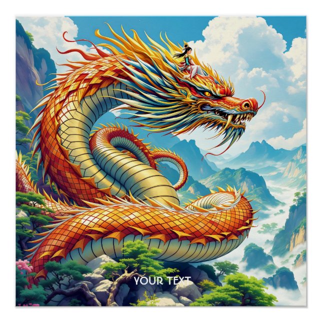 Póster Fantasy Cute Orange Dragon Mountains (Anverso)