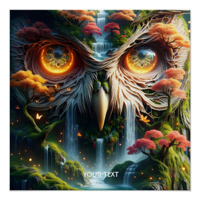 Póster Fantasy Cute Owl Waterfall Treys (Anverso)