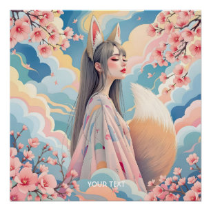 Póster Fantasy Cute Pink Fox Lady