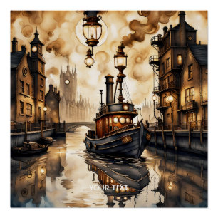 Póster Fantasy Cute River Boat Bridge