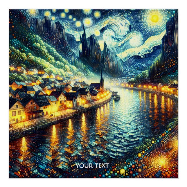 Póster Fantasy Cute River Town Moon (Anverso)