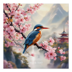 Póster Fantasy Cute Sakura Bird Blue