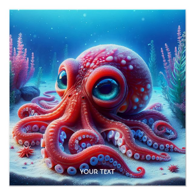 Póster Fantasy Cute Sea Octopus Rojo (Anverso)