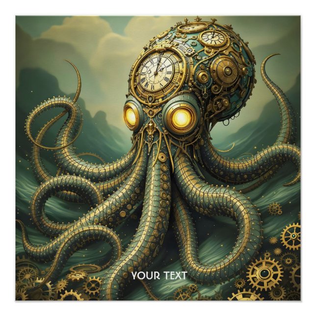 Póster Fantasy Cute Steampunk Clock Kraken (Anverso)