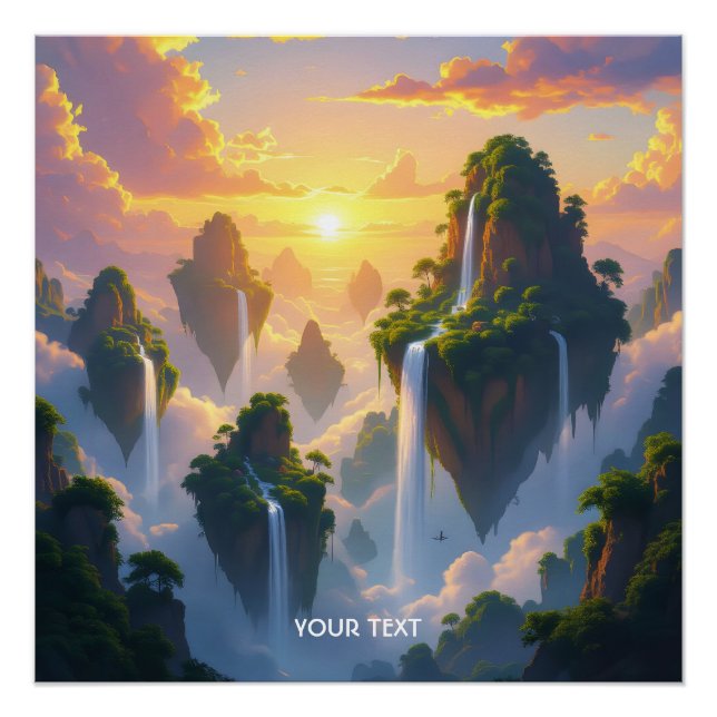 Póster Fantasy Cute Sunset Islands Waterfalls (Anverso)