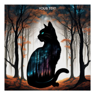 Póster Fantasy Cute Vivid Black Cat Forest