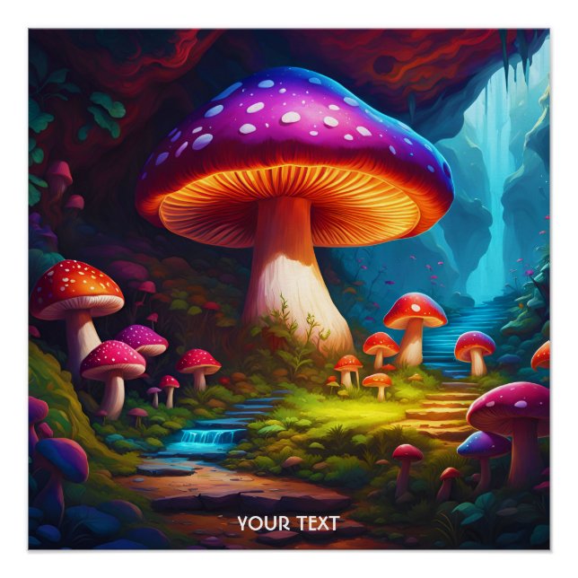 Póster Fantasy Cute Vivid Mushrooms Hermosa Caverna (Anverso)
