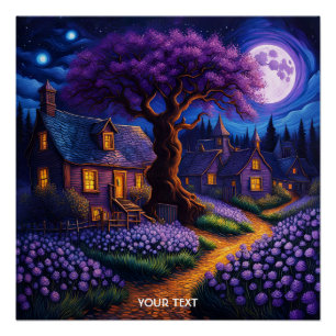 Póster Fantasy Cute Vivid Purple Village Moon