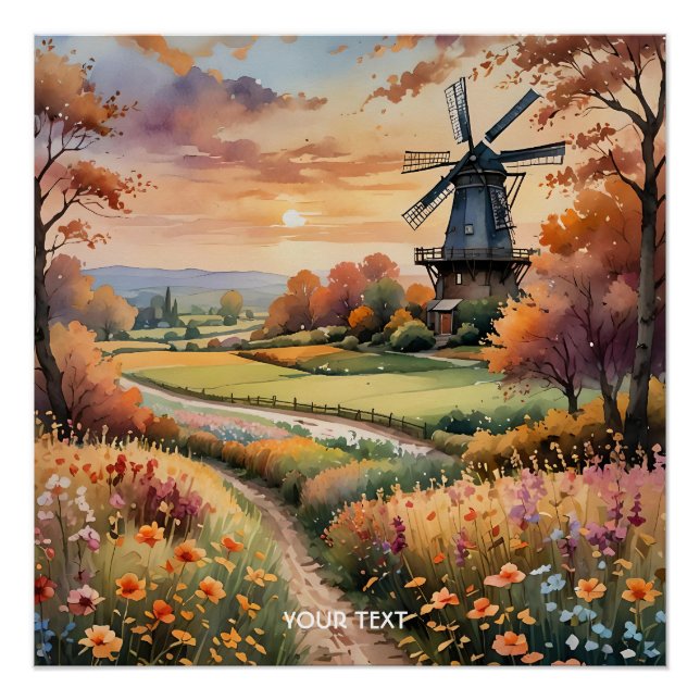 Póster Fantasy Cute Windmill Flowers Field (Anverso)