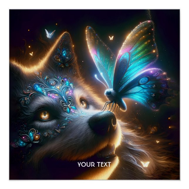 Póster Fantasy Cute Wolf Butterfly Space (Anverso)