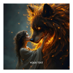 Póster Fantasy Cute Wolf Chica Fire