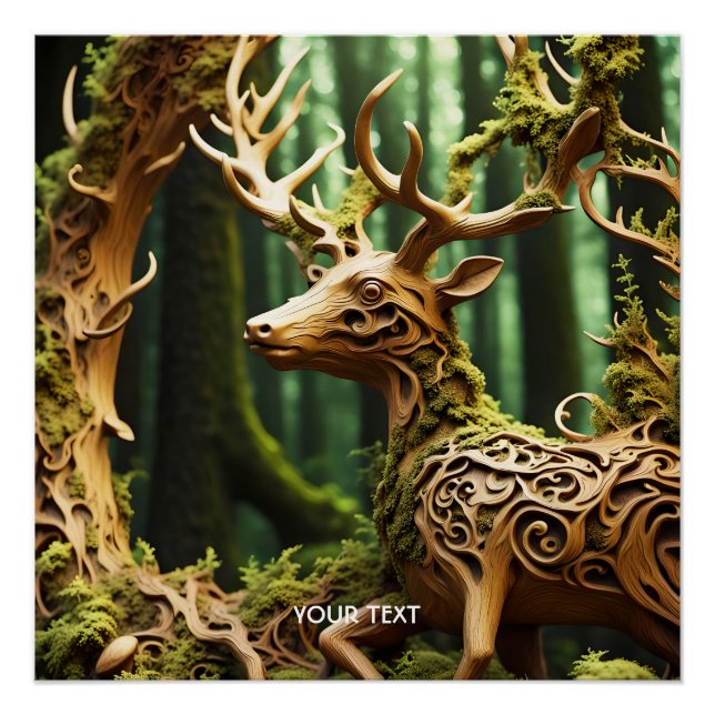 Póster Fantasy Cute Wooden Carving Deer (Anverso)