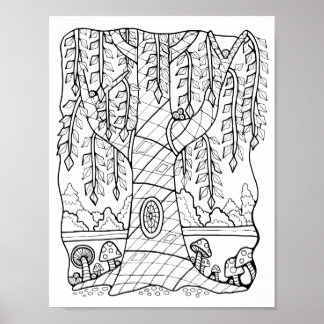 Póster Fantasy Forest Willow Tree Colour Page Art