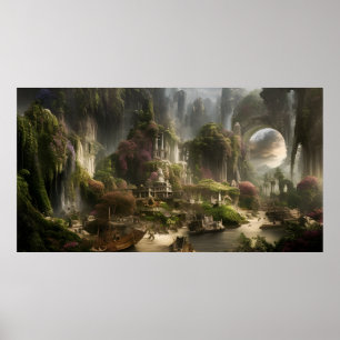 Póster Fantasy Hotel vacation with a stone bridge