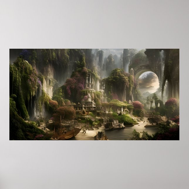 Póster Fantasy Hotel vacation with a stone bridge (Frente)