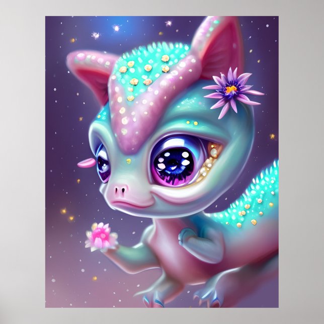 Póster Fantasy Kawaii lindo y adorable bebé dinosaurio (Frente)