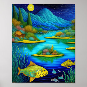 Póster Fantasy Lake Fish Art Print