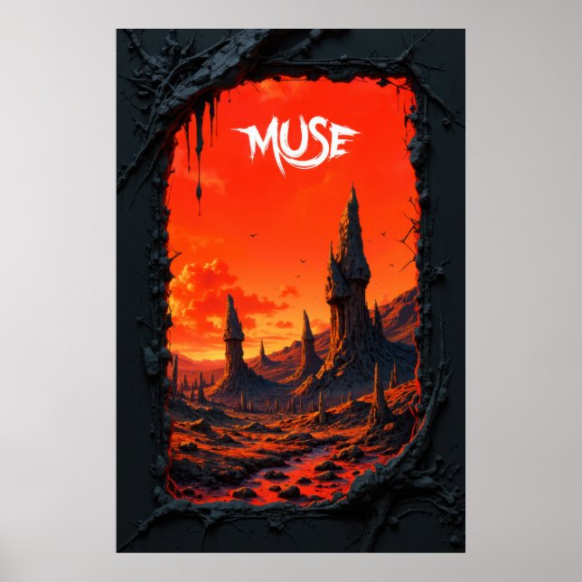 Póster Fantasy landscape with fiery sky and towering (Frente)