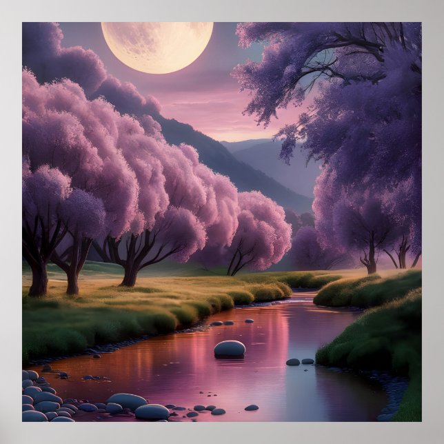 Póster Fantasy Moonlit River Dreamscape Illustration (Frente)