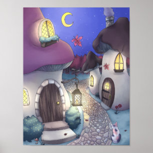 Póster Fantasy Nighttime Mushroom Village Ilustracion