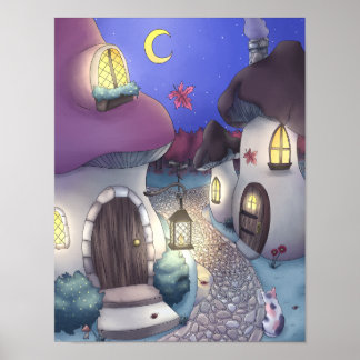 Póster Fantasy Nighttime Mushroom Village Ilustracion