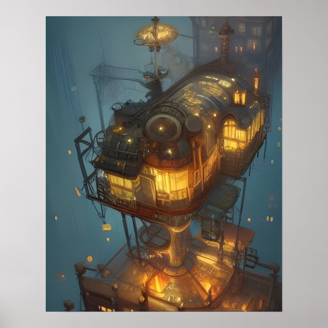 Póster Fantasy Steampunk City Aerial View (Frente)