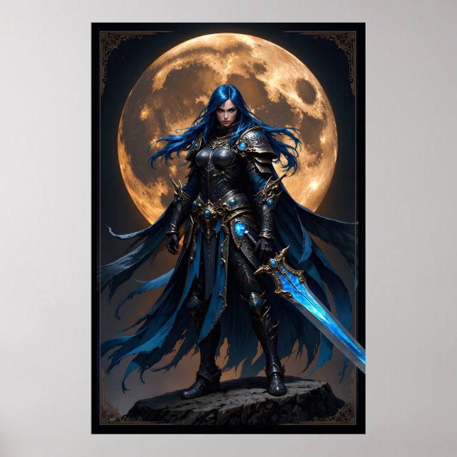 Póster Fantasy Warrior Woman with Blue Hair and a Glowing (Frente)
